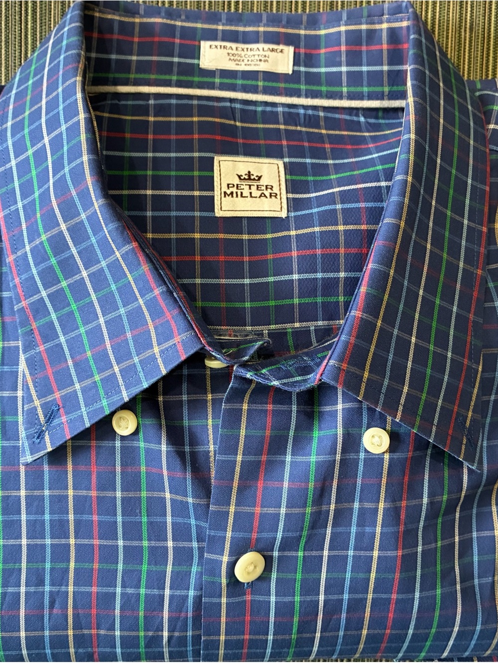 Peter Millar Men’s Blue Plaid Button-Down Shirt XXL cotton dress church work